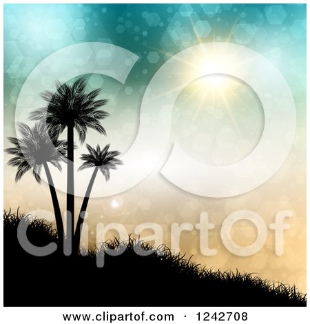 Clipart of a Sun and Flares Shining on Silhouetted Palm Trees on a Hillside - Royalty Free Vector Illustration by KJ Pargeter