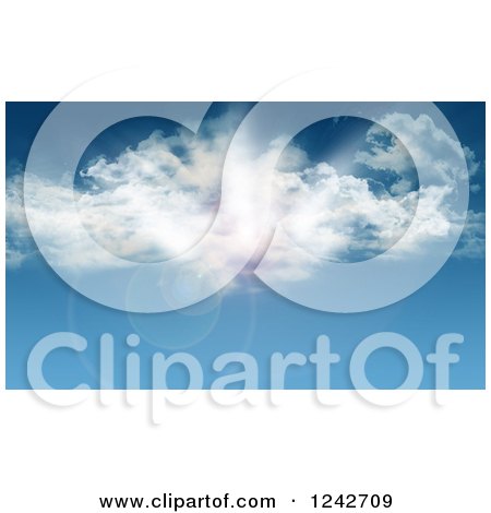 Clipart of a Blue Sky with Clouds, Sunshine and Flares - Royalty Free Illustration by KJ Pargeter