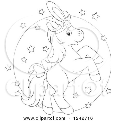 Clipart of a Black and White White Show Pony Horse Rearing over Stars and a Circle - Royalty Free Vector Illustration by Alex Bannykh