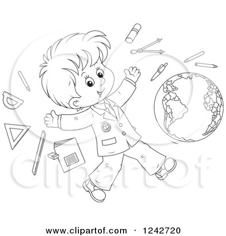 Clipart of a Black and White School Boy with Supplies and a Globe - Royalty Free Vector Illustration by Alex Bannykh