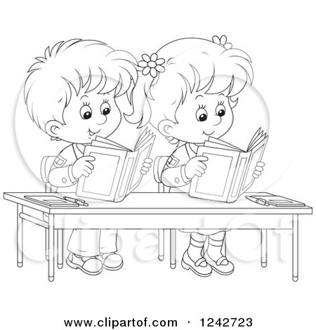 Clipart of Black and White School Children Reading at Their Desk - Royalty Free Vector Illustration by Alex Bannykh