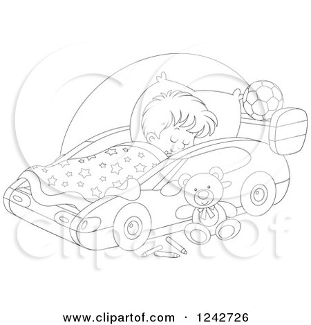 Clipart of a Black and White Boy Sleeping in a Car Bed - Royalty Free Vector Illustration by Alex Bannykh