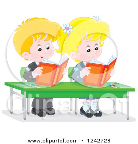 Clipart of Blond Caucasian School Children Reading at Their Desk - Royalty Free Vector Illustration by Alex Bannykh