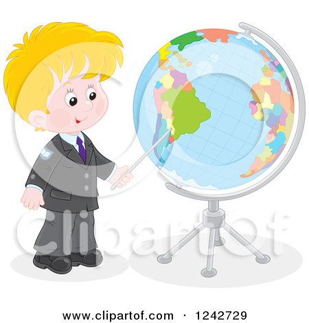 Clipart of a Blond Caucasian School Boy Pointing to a Globe - Royalty Free Vector Illustration by Alex Bannykh