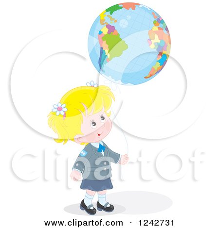Clipart of a Blond Caucasian School Girl with a Globe Balloon - Royalty Free Vector Illustration by Alex Bannykh