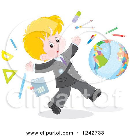 Clipart of a Blond Caucasian School Boy with Supplies and a Globe - Royalty Free Vector Illustration by Alex Bannykh