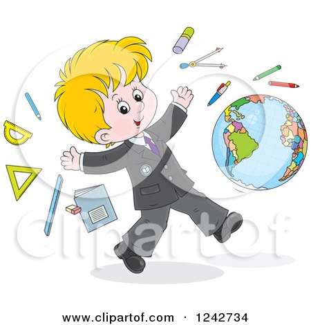 Clipart of a Blond School Boy with Supplies and a Globe - Royalty Free Vector Illustration by Alex Bannykh