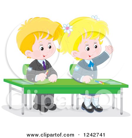 Clipart of Blond Caucasian School Children at Their Desk - Royalty Free Vector Illustration by Alex Bannykh