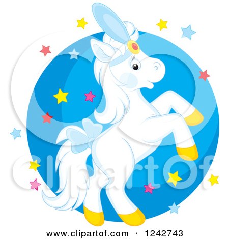 Clipart of a White Show Pony Horse Rearing over Stars and a Circle - Royalty Free Vector Illustration by Alex Bannykh