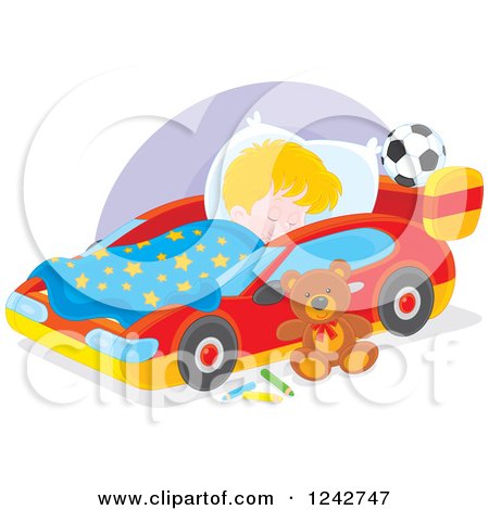 Clipart of a Blond Caucasian Boy Sleeping in a Car Bed - Royalty Free Vector Illustration by Alex Bannykh