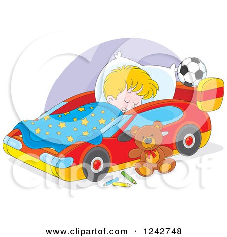 Clipart of a Blond Boy Sleeping in a Car Bed - Royalty Free Vector Illustration by Alex Bannykh