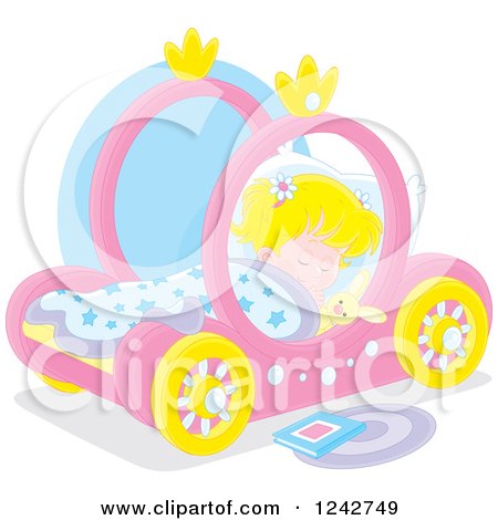 Clipart of a Blond Caucasian Girl Sleeping in a Pink Carriage Bed - Royalty Free Vector Illustration by Alex Bannykh