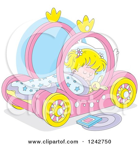 Clipart of a Blond Girl Sleeping in a Pink Carriage Bed - Royalty Free Vector Illustration by Alex Bannykh