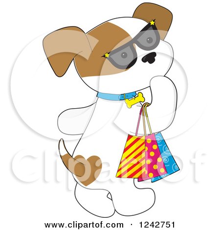 Clipart of a Cute Puppy Dog Wearing Sunglasses and Carrying Shopping Bags - Royalty Free Vector Illustration by Maria Bell
