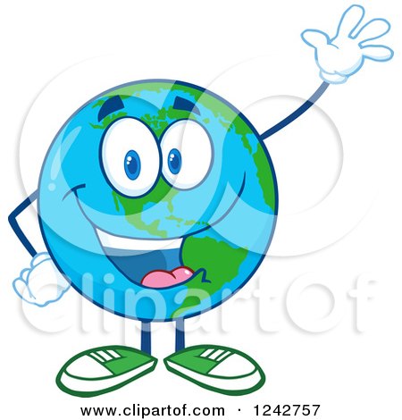 Clipart of a Happy Smiling Earth Globe Character Waving - Royalty Free Vector Illustration by Hit Toon