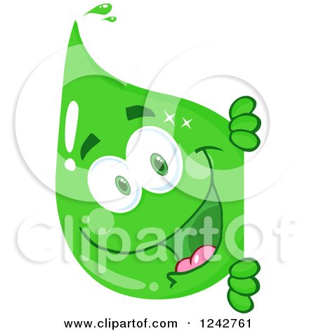 Clipart of a Happy Green Eco Water Drop Character Looking Around a Sign - Royalty Free Vector Illustration by Hit Toon