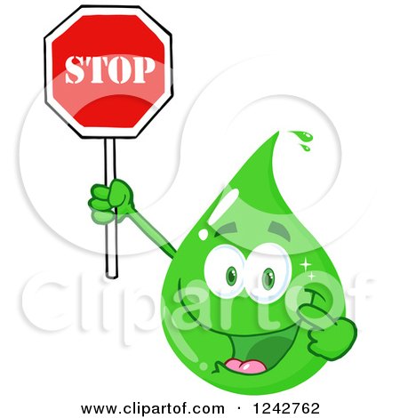 Clipart of a Green Eco Water Drop Character Holding and Pointing to a Stop Sign - Royalty Free Vector Illustration by Hit Toon