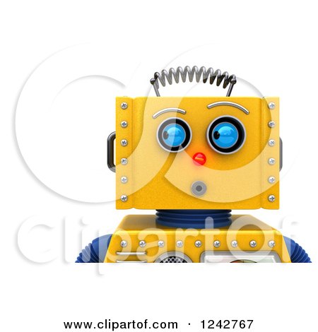 Clipart of a 3d Closeup Face View of a Surprised Yellow Retro Robot Looking to the Side - Royalty Free Illustration by stockillustrations