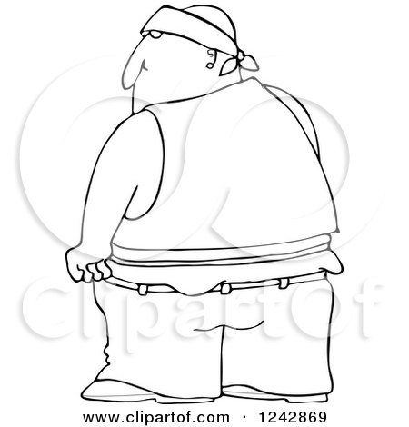 Clipart of a Black and White Rear View of a Gang Banger in Low Pants - Royalty Free Illustration by djart