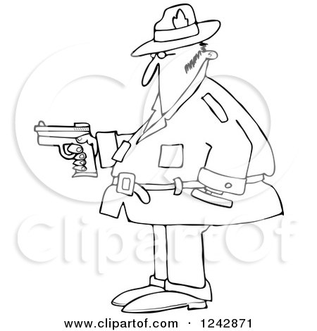 Clipart of a Black and White Chubby Private Investigator Man Holding a Pistol - Royalty Free Vector Illustration by djart
