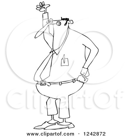 Clipart of a Black and White Mad Chubby Businessman Shouting and Holding up a Fist - Royalty Free Vector Illustration by djart