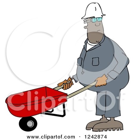 Clipart of a Black Worker Man Pushing a Wheelbarrow - Royalty Free Illustration by djart
