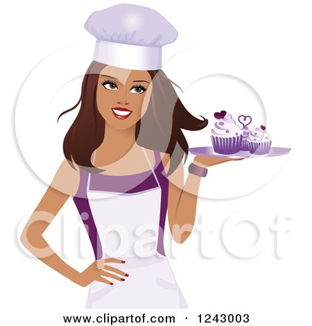 Clipart of a Beautiful Brunette Female Baker Holding a Tray of Purple Cupcakes - Royalty Free Vector Illustration by Monica