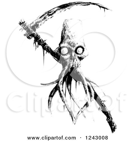 Clipart of a Black and White Tentacled Grim Reaper Skull and Scythe - Royalty Free Vector Illustration by lineartestpilot