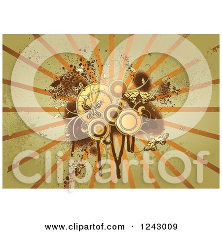 Clipart of a Grungy Green Brown and Orange Background of Circles Butterflies Rays and Splatters - Royalty Free Vector Illustration by lineartestpilot