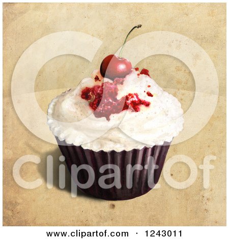 Clipart of a Painting of a Cupcake Topped with a Cherry over Tan - Royalty Free Illustration by lineartestpilot