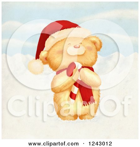 Clipart of a Cute Christmas Bear Holding a Candy Cane in the Snow - Royalty Free Illustration by lineartestpilot