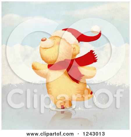 Clipart of a Cute Christmas Bear Ice Skating - Royalty Free Illustration by lineartestpilot