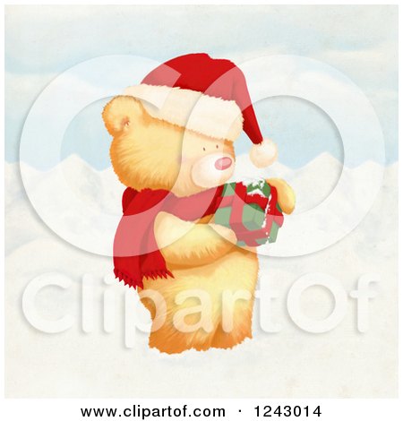 Clipart of a Cute Christmas Bear Holding a Gift in the Snow - Royalty Free Illustration by lineartestpilot
