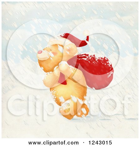 Clipart of a Cute Christmas Bear Carrying a Sack in the Snow - Royalty Free Illustration by lineartestpilot