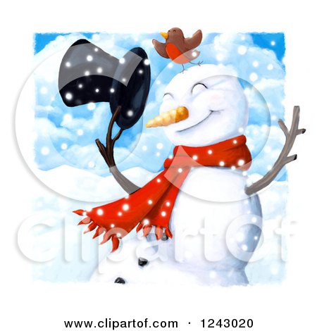 Clipart of a Robin on a Happy Snowman Holding onto His Hat in the Snow - Royalty Free Illustration by lineartestpilot