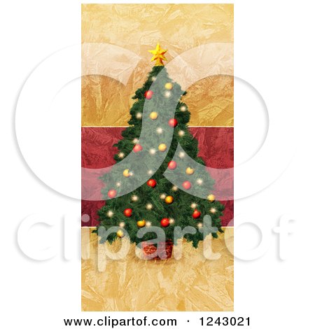 Clipart of a Painted Christmas Tree over Red and Gold Texture - Royalty Free Illustration by lineartestpilot