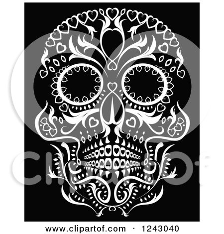 Clipart of a Floral Black and White Day of the Dead Skull - Royalty Free Vector Illustration by lineartestpilot