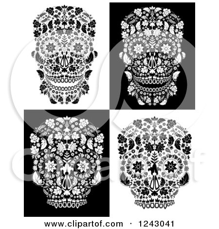 Clipart of Floral Black and White Day of the Dead Skulls - Royalty Free Vector Illustration by lineartestpilot
