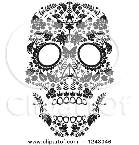 Clipart of a Floral Black and White Day of the Dead Skull - Royalty Free Vector Illustration by lineartestpilot