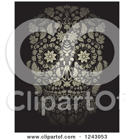 Clipart of a Floral Day of the Dead Skull on Black - Royalty Free Vector Illustration by lineartestpilot
