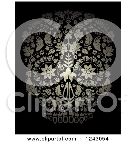Clipart of a Floral Day of the Dead Skull on Black - Royalty Free Vector Illustration by lineartestpilot