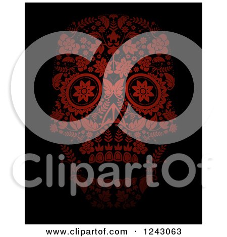 Clipart of a Floral Red Day of the Dead Skull on Black - Royalty Free Vector Illustration by lineartestpilot
