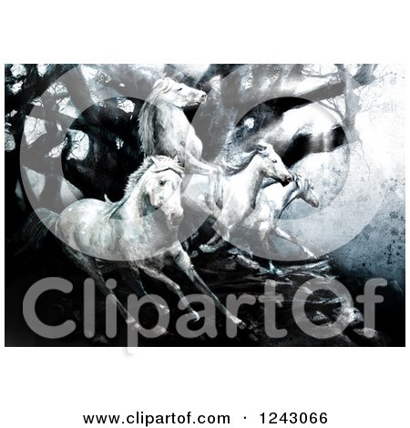 Clipart of a Painting of Running White Horses in Dark Woods - Royalty Free Illustration by lineartestpilot