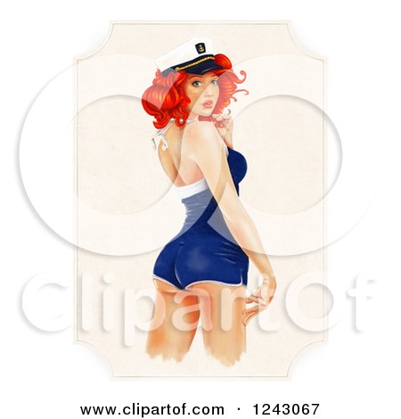 Clipart of a Sexy Red Haired Sailor Girl Pinup Looking Back on a Frame of Beige, over White - Royalty Free Illustration by lineartestpilot