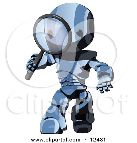 Blue Metal Robot Looking Through a Magnifying Glass Clipart Illustration by Leo Blanchette