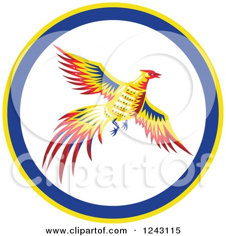 Clipart of a Colorful Flying Pheasant Bird in a Circle - Royalty Free Vector Illustration by patrimonio