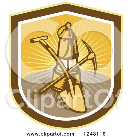 Clipart of a Retro Woodcut Mining Lantern, Shovel and Pickaxe in a Sunny Shield - Royalty Free Vector Illustration by patrimonio
