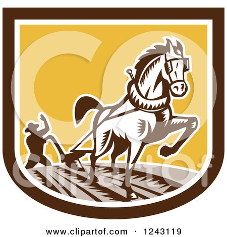 Clipart of a Retro Woodcut Farmer and Horse Plowing a Field in a Shield - Royalty Free Vector Illustration by patrimonio