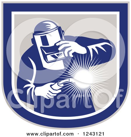Clipart of a Retro Male Welder Holding a Torch in a Shield - Royalty Free Vector Illustration by patrimonio