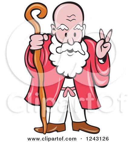 Clipart of a Cartoon Bearded Old Man Gesturing Peace and Holding a Cane - Royalty Free Vector Illustration by patrimonio
